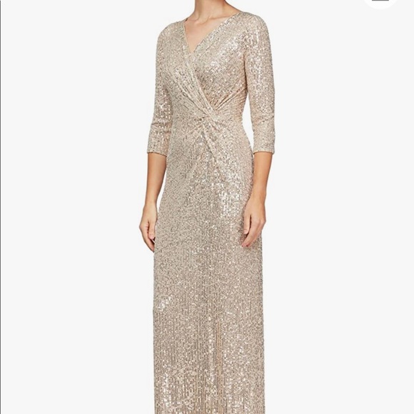 Full length Alex Evening champagne sequined gown- 3/4 sleeve - size 8 - Picture 1 of 9